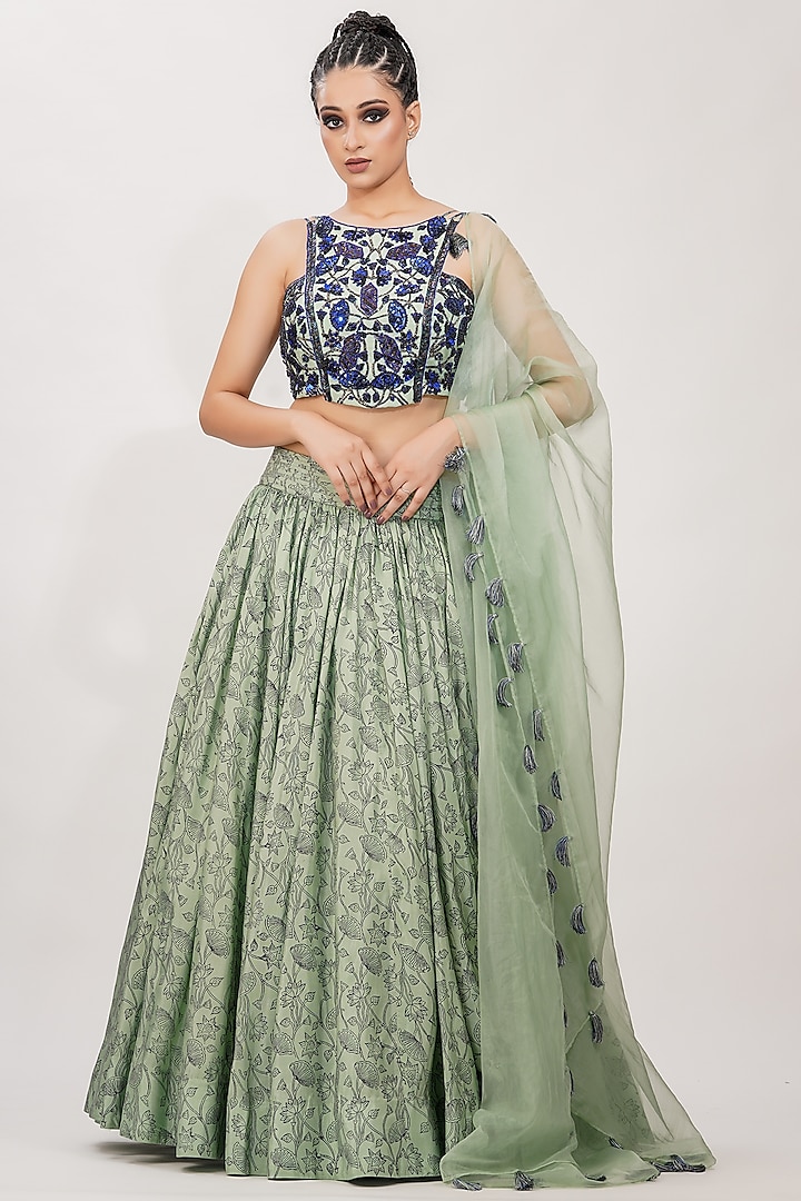 Sage Green Hand Block Printed & Embroidered Wedding Lehenga Set by Shruti S at Pernia's Pop Up Shop