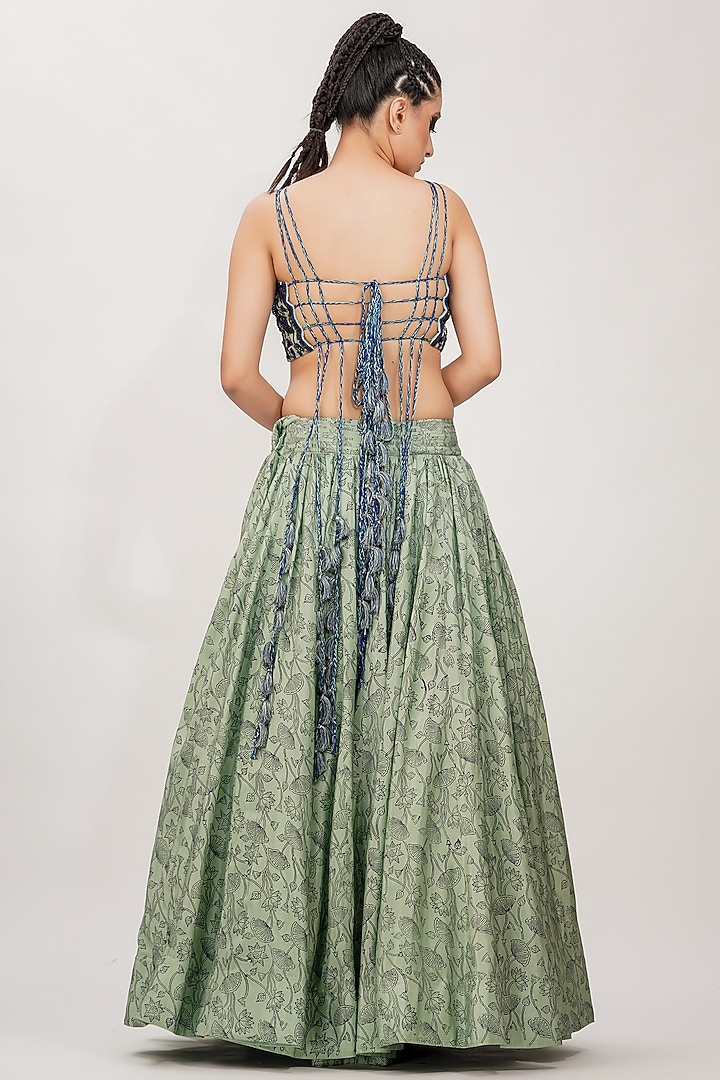 Sage Green Hand Block Printed & Embroidered Wedding Lehenga Set by Shruti S at Pernia's Pop Up Shop