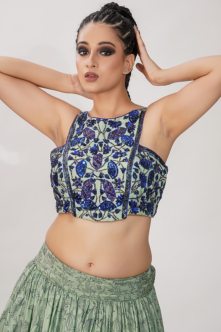 Sage Green Hand Block Printed & Embroidered Wedding Lehenga Set by Shruti S at Pernia's Pop Up Shop