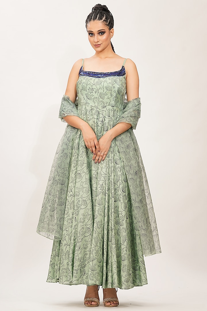 Sage Green Hand Block Printed & Embroidered Wedding Anarkali Set by Shruti S at Pernia's Pop Up Shop