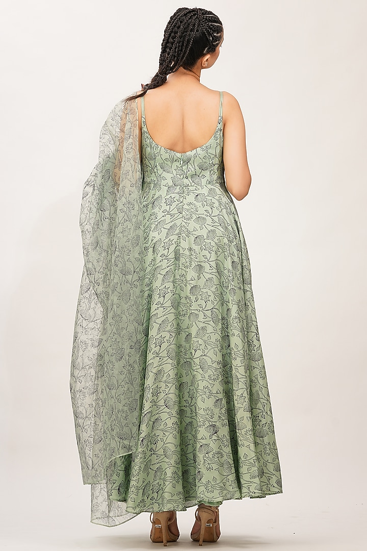 Sage Green Hand Block Printed & Embroidered Wedding Anarkali Set by Shruti S at Pernia's Pop Up Shop