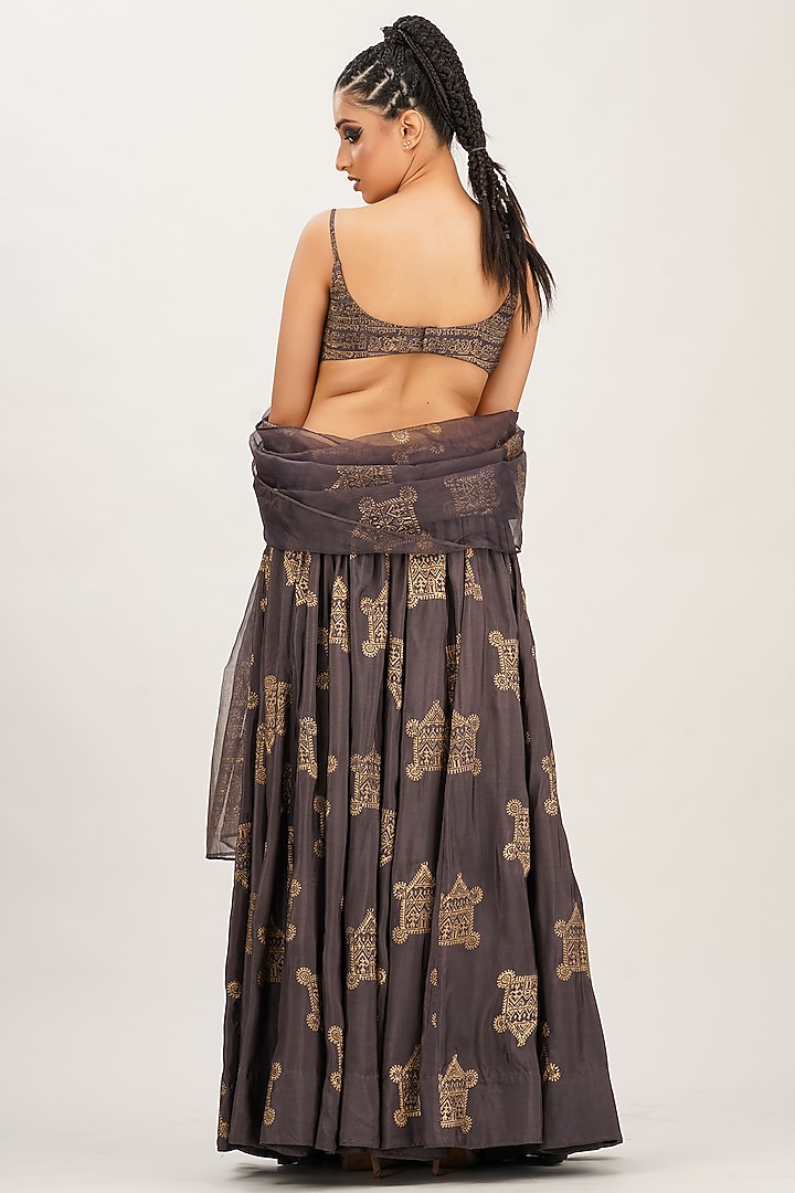 Smoke Grey Hand Block Printed Wedding Lehenga Set by Shruti S at Pernia's Pop Up Shop