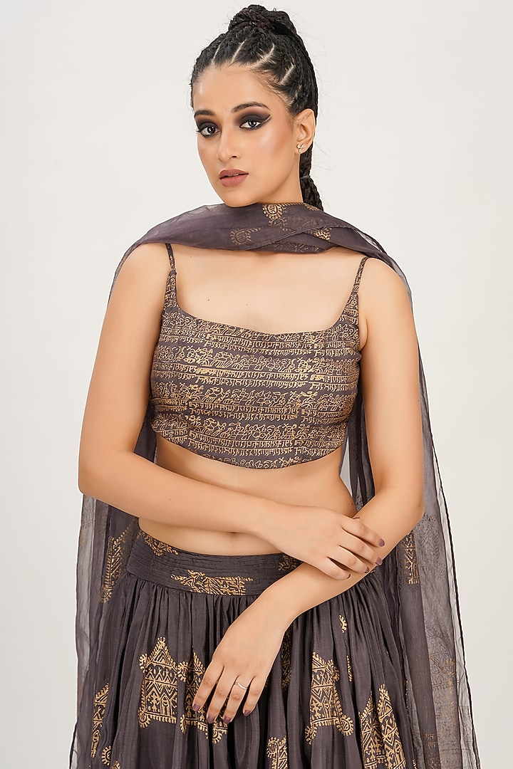 Smoke Grey Hand Block Printed Wedding Lehenga Set by Shruti S at Pernia's Pop Up Shop