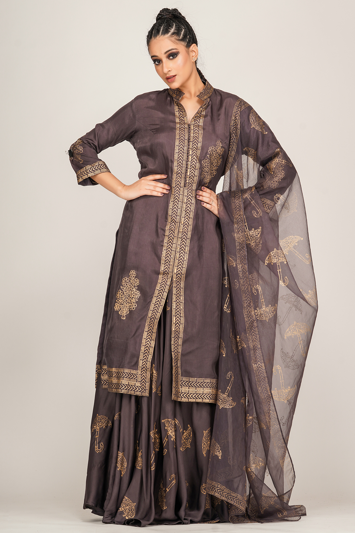 Smoke Grey Printed Party Wear Sharara Set by Shruti S at Pernia's Pop Up Shop