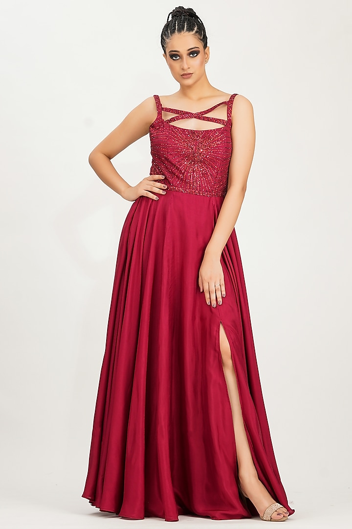 Dark Red Embroidered Gown by Shruti S