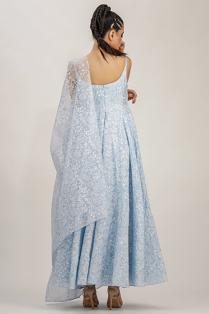 Ice Blue Hand Block Printed Wedding Anarkali Set by Shruti S at Pernia's Pop Up Shop