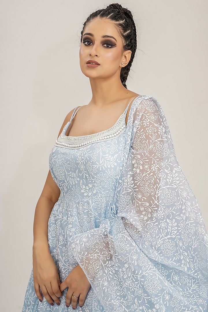 Ice Blue Hand Block Printed Wedding Anarkali Set by Shruti S at Pernia's Pop Up Shop