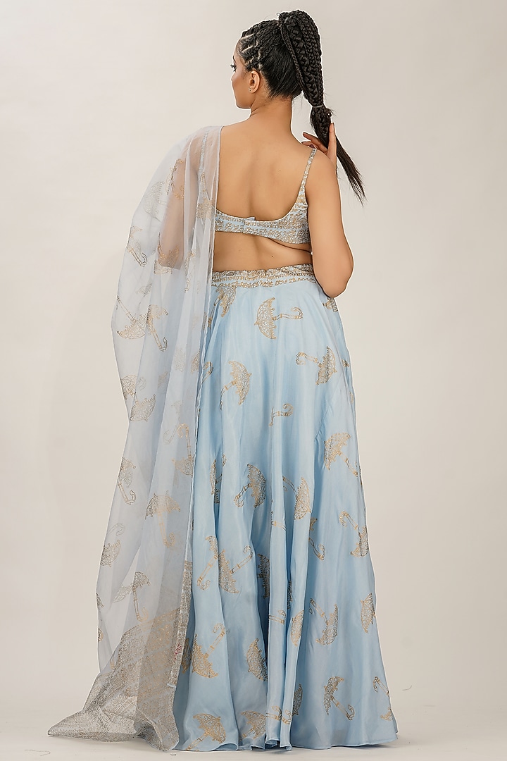 Ice Blue Hand Block Printed Wedding Lehenga Set by Shruti S at Pernia's Pop Up Shop