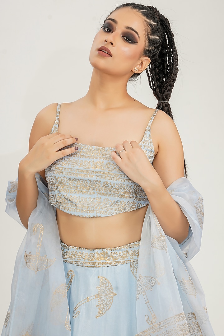 Ice Blue Hand Block Printed Wedding Lehenga Set by Shruti S at Pernia's Pop Up Shop