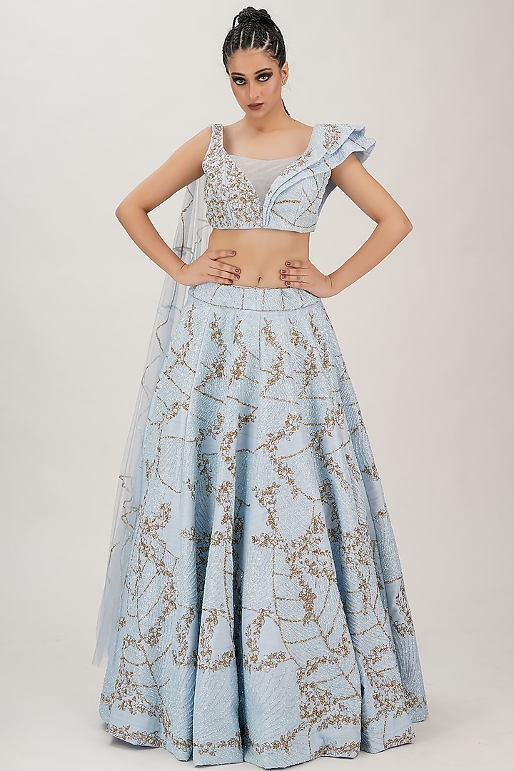 Powder Blue Embroidered Wedding Lehenga Set by Shruti S at Pernia's Pop Up Shop