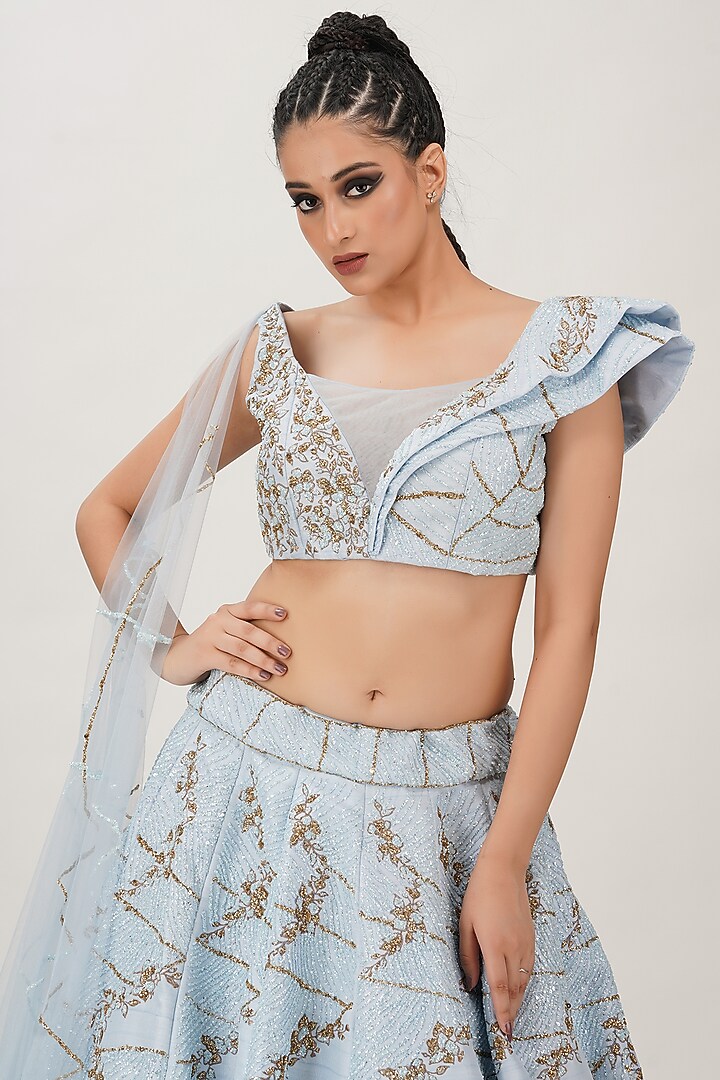Powder Blue Embroidered Wedding Lehenga Set by Shruti S at Pernia's Pop Up Shop