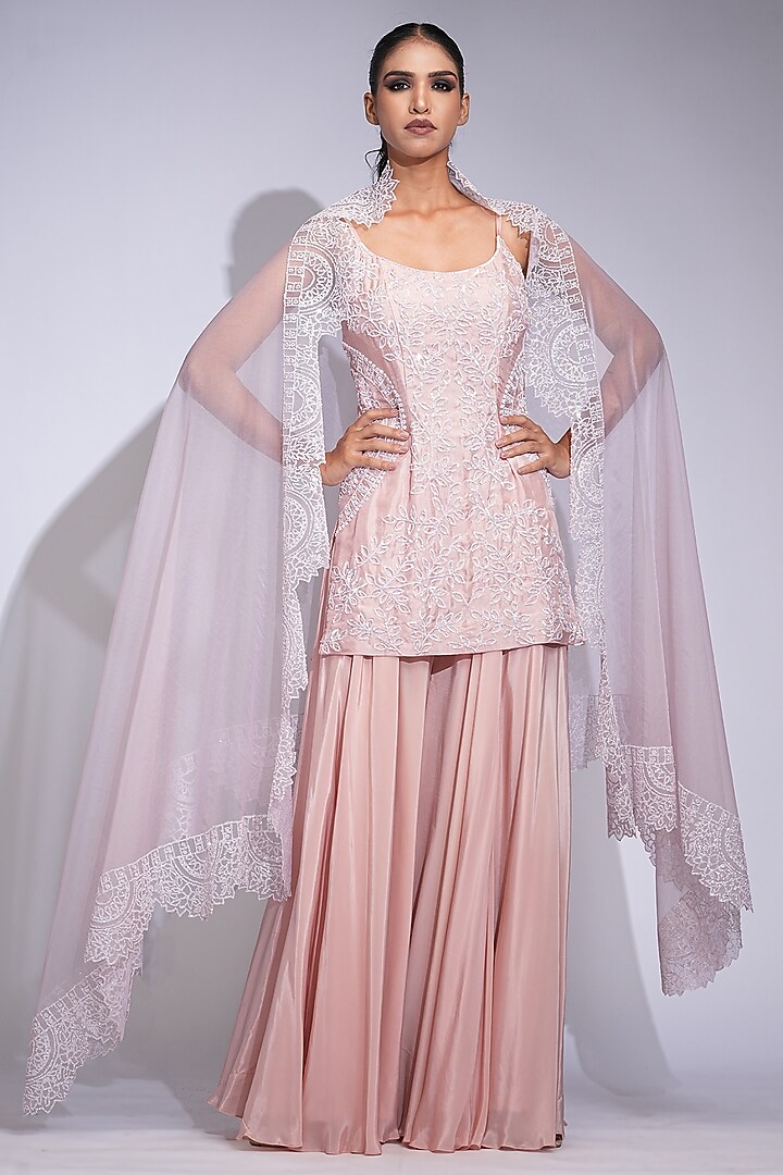 Powder Pink Crepe Wedding Sharara Set by Shruti S at Pernia's Pop Up Shop