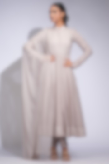 Beige Nude Mul Cotton Thread Embroidered Wedding Anarkali Set by Shruti S at Pernia's Pop Up Shop