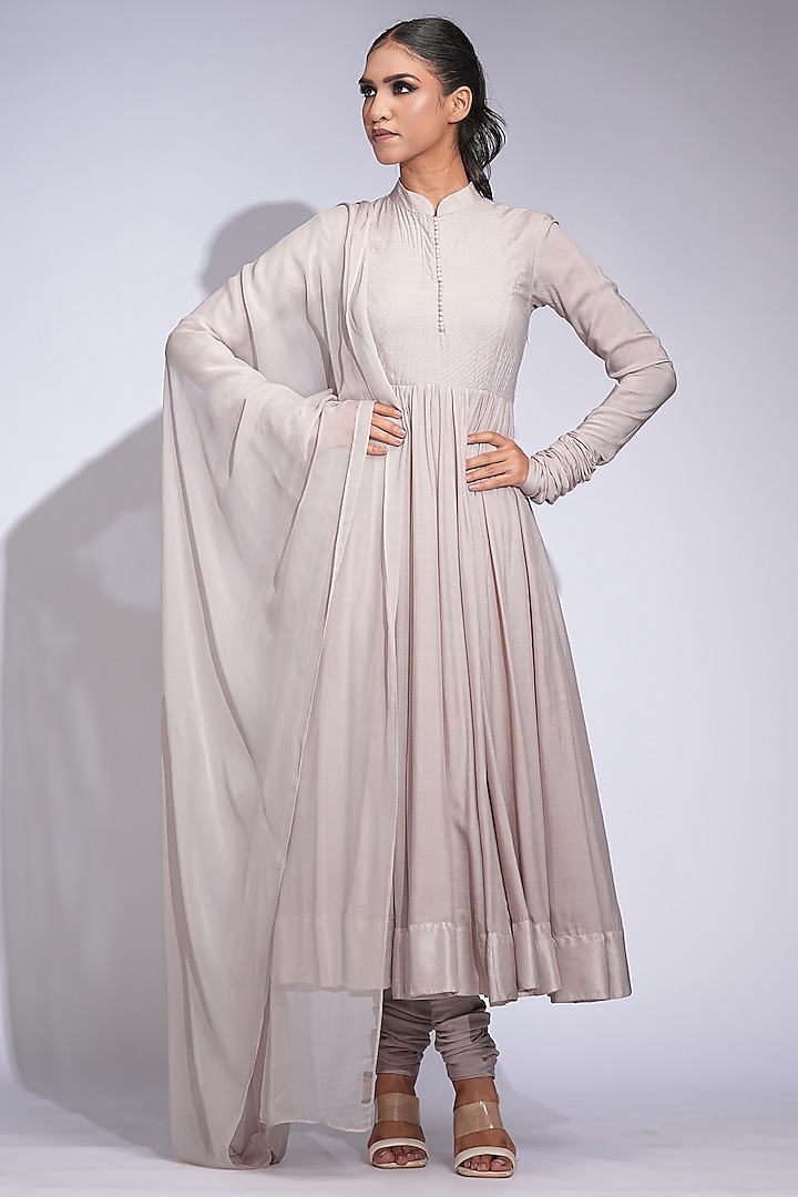 Beige Nude Mul Cotton Thread Embroidered Wedding Anarkali Set by Shruti S at Pernia's Pop Up Shop