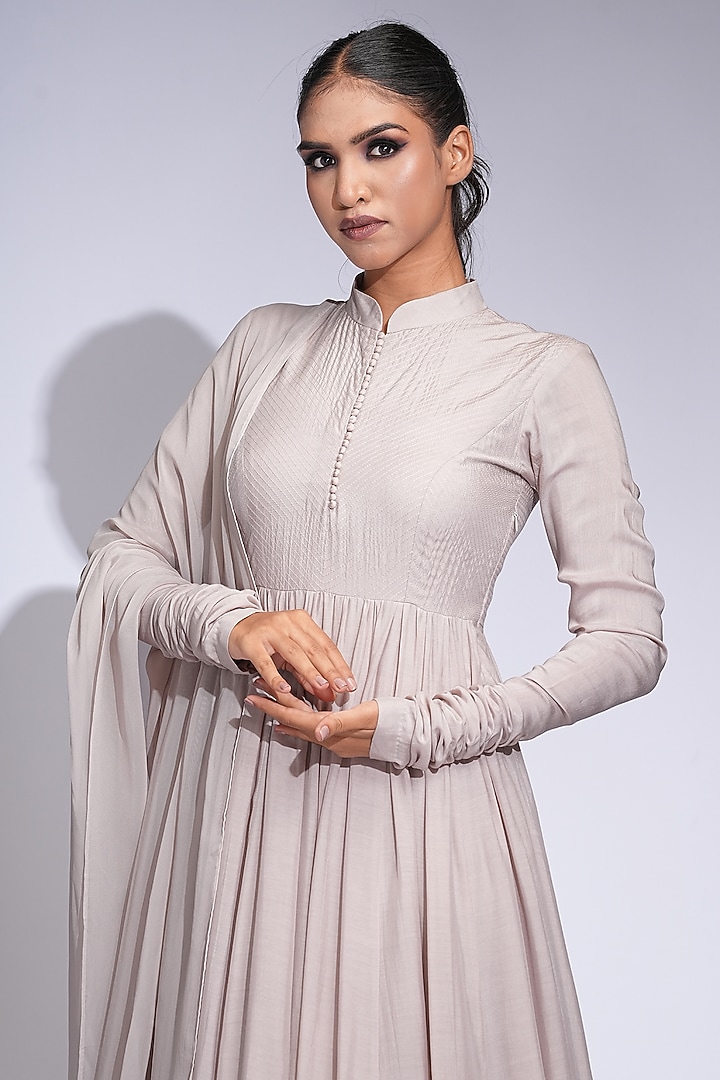 Beige Nude Mul Cotton Thread Embroidered Wedding Anarkali Set by Shruti S at Pernia's Pop Up Shop