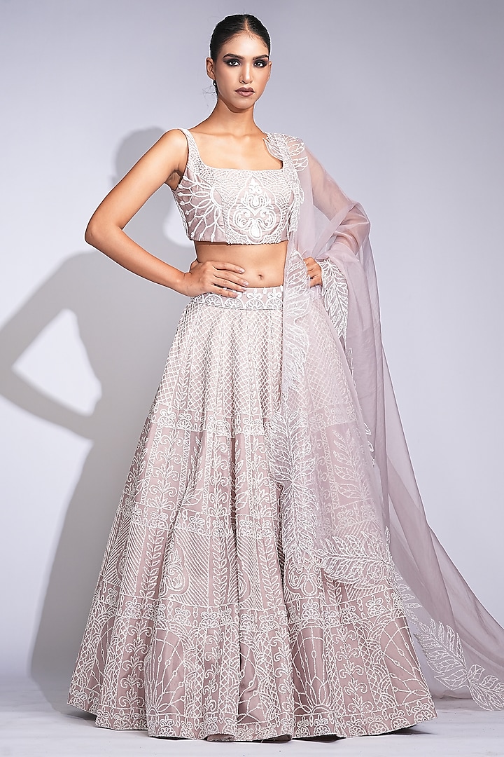 Champagne Pure Silk Sequins Embroidered Wedding Lehenga Set by Shruti S at Pernia's Pop Up Shop