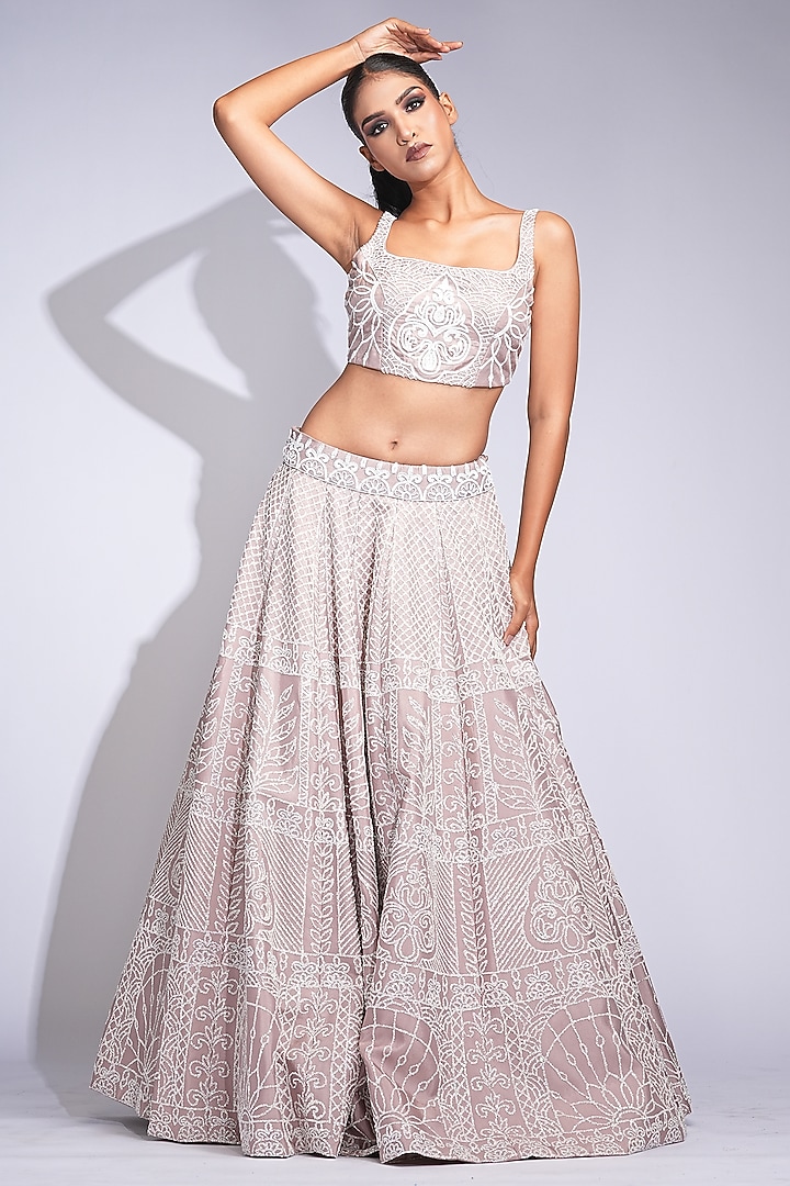 Champagne Pure Silk Sequins Embroidered Wedding Lehenga Set by Shruti S at Pernia's Pop Up Shop