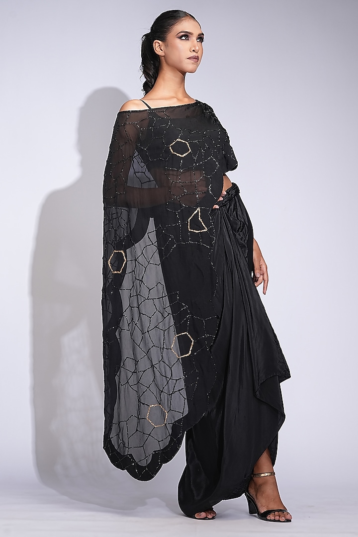 Black Organza Hand Embroidered Cape Set by Shruti S at Pernia's Pop Up Shop