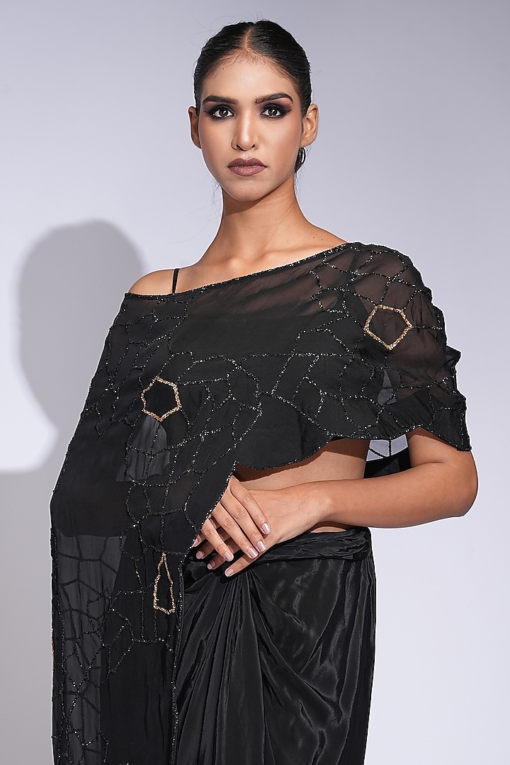 Black Organza Hand Embroidered Cape Set by Shruti S at Pernia's Pop Up Shop