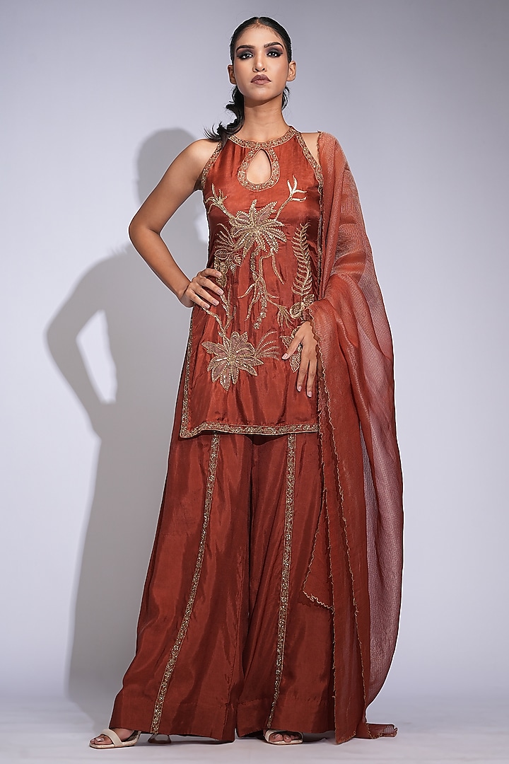 Brick Orange Modal Satin Hand Embroidered Kurta Set by Shruti S at Pernia's Pop Up Shop