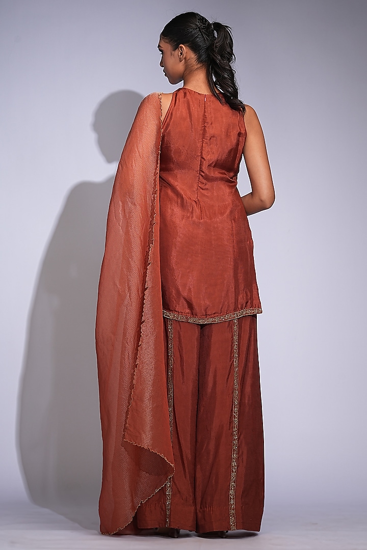 Brick Orange Modal Satin Hand Embroidered Kurta Set by Shruti S at Pernia's Pop Up Shop