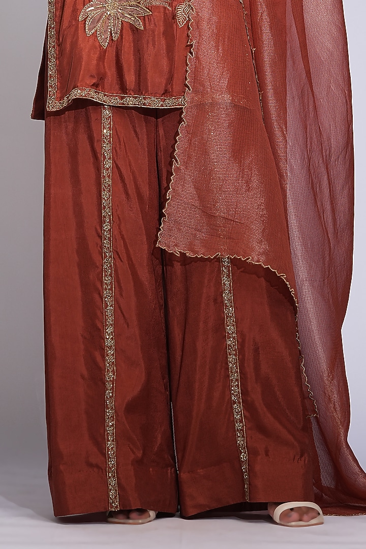 Brick Orange Modal Satin Hand Embroidered Kurta Set by Shruti S at Pernia's Pop Up Shop