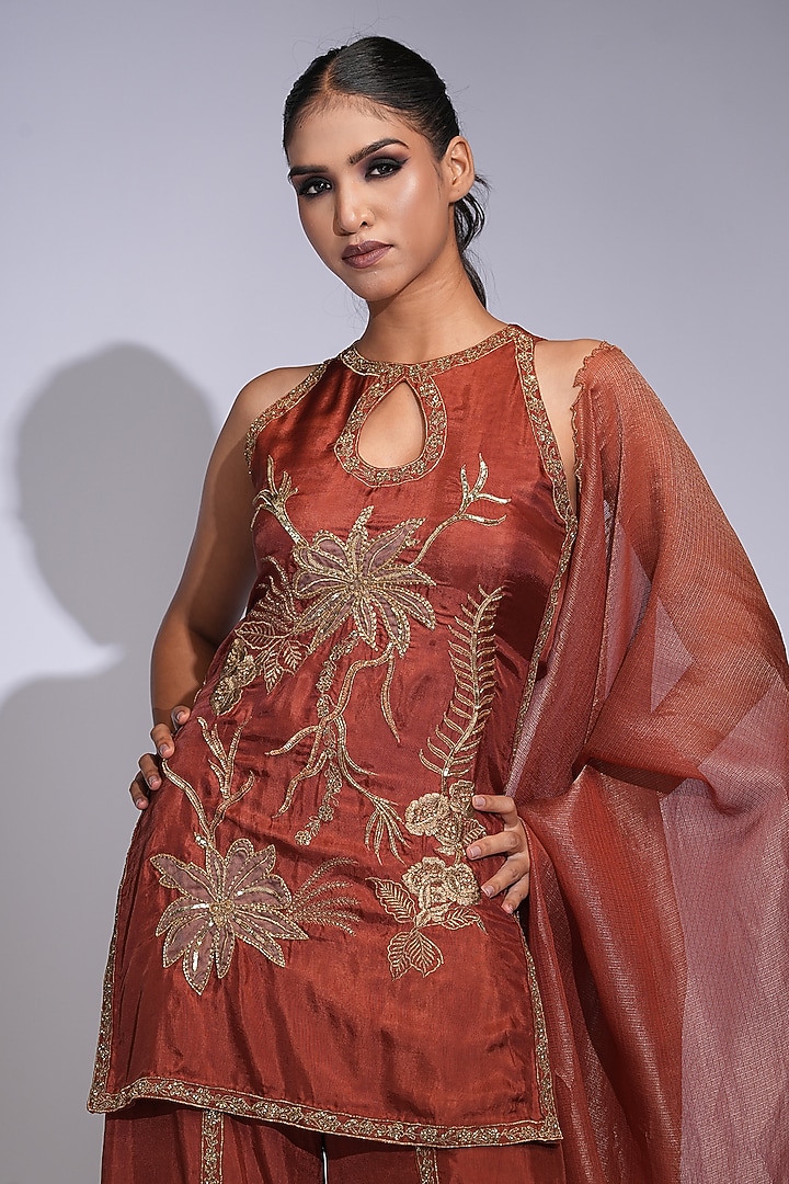 Brick Orange Modal Satin Hand Embroidered Kurta Set by Shruti S at Pernia's Pop Up Shop