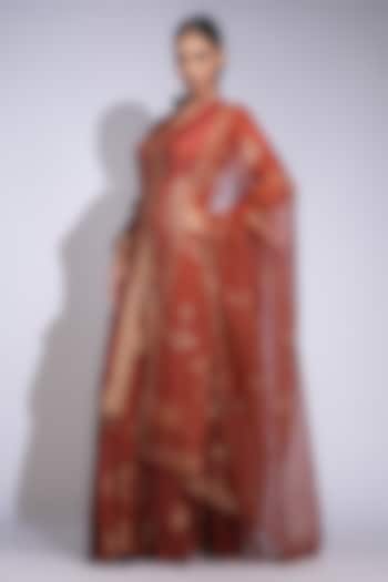 Orange & Gold Modal Satin Hand Block Printed Wedding Sharara Set by Shruti S at Pernia's Pop Up Shop