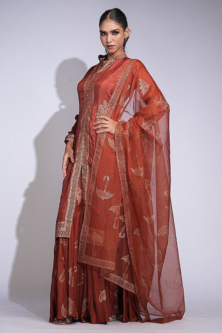 Orange & Gold Modal Satin Hand Block Printed Wedding Sharara Set by Shruti S at Pernia's Pop Up Shop