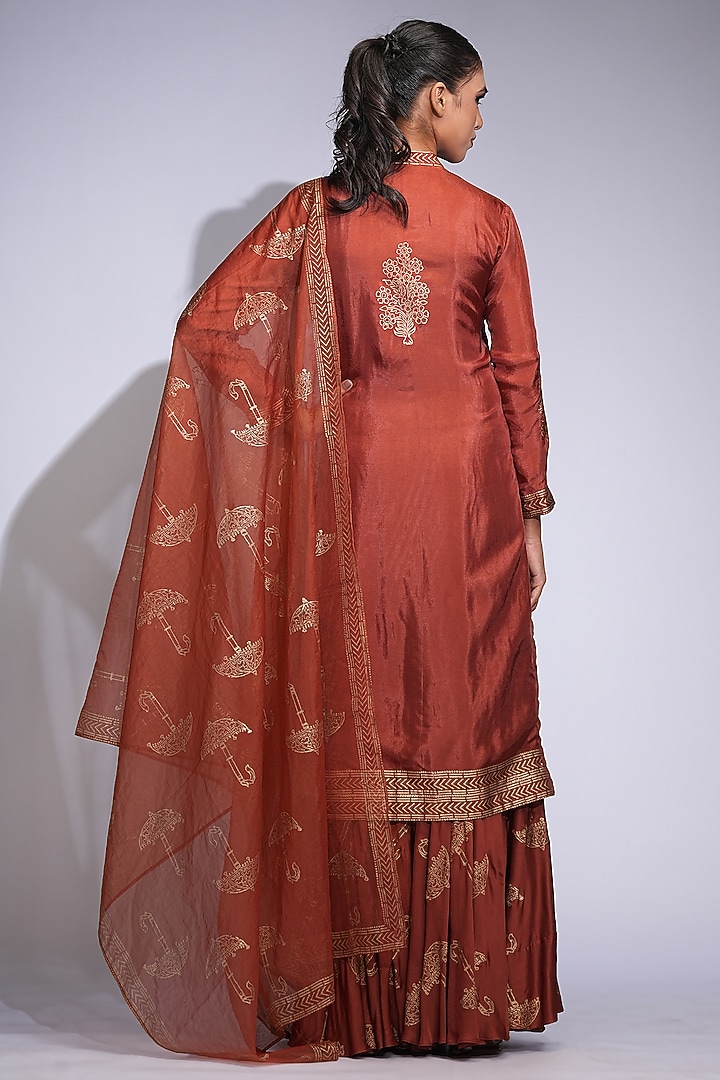 Orange & Gold Modal Satin Hand Block Printed Wedding Sharara Set by Shruti S at Pernia's Pop Up Shop