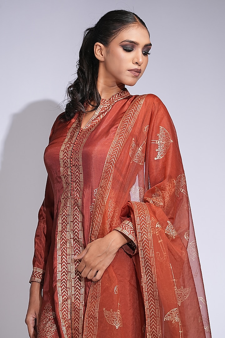 Orange & Gold Modal Satin Hand Block Printed Wedding Sharara Set by Shruti S at Pernia's Pop Up Shop