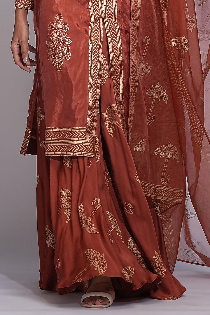 Orange & Gold Modal Satin Hand Block Printed Wedding Sharara Set by Shruti S at Pernia's Pop Up Shop