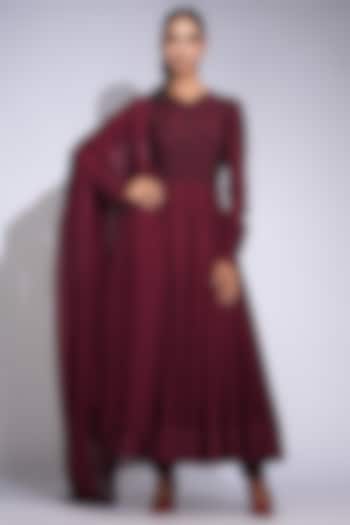 Burgundy Maroon Mul Cotton Thread Embroidered Wedding Anarkali Set by Shruti S at Pernia's Pop Up Shop