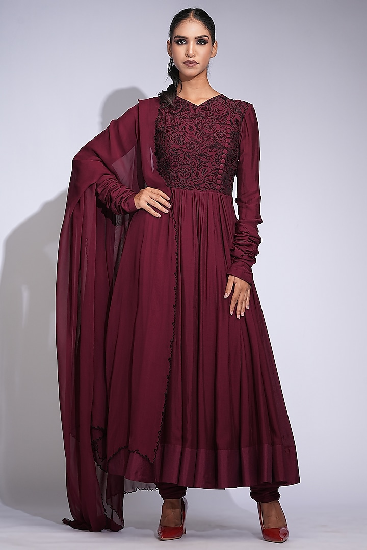 Burgundy Maroon Mul Cotton Thread Embroidered Wedding Anarkali Set by Shruti S at Pernia's Pop Up Shop