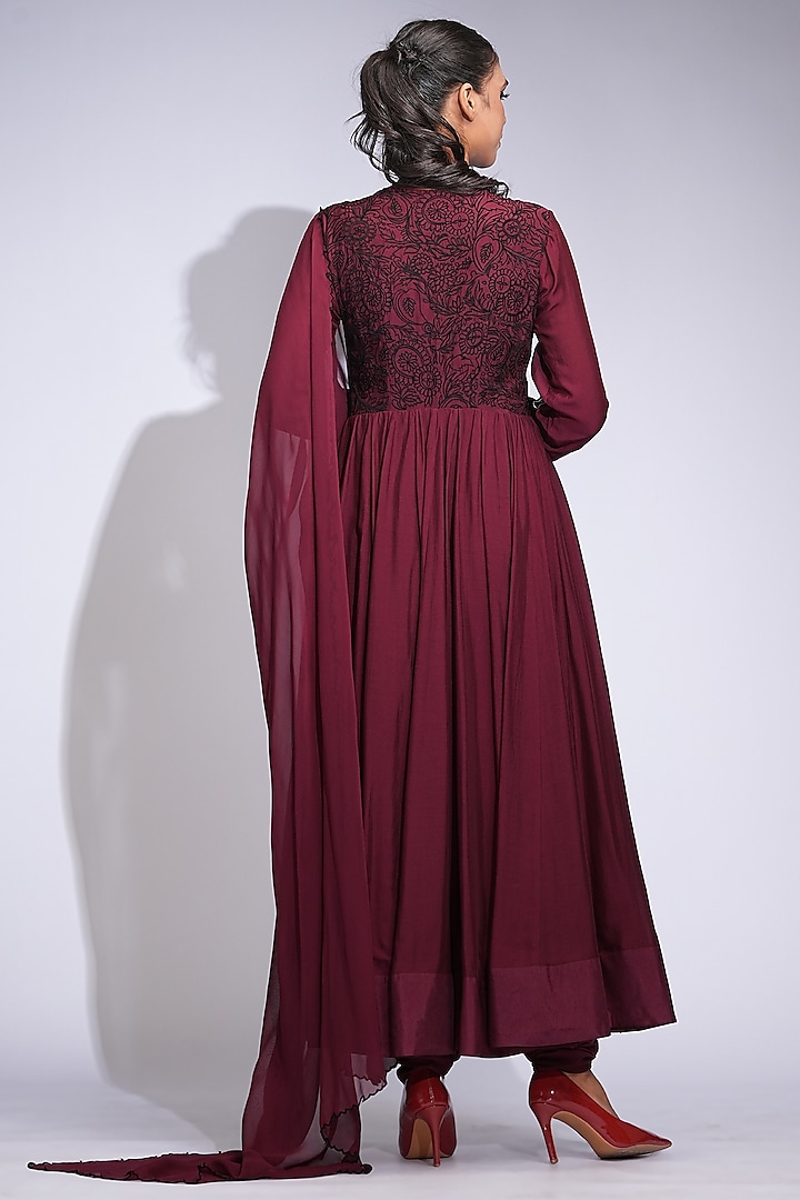 Burgundy Maroon Mul Cotton Thread Embroidered Wedding Anarkali Set by Shruti S at Pernia's Pop Up Shop