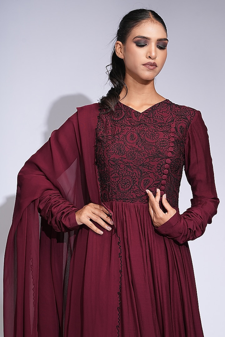 Burgundy Maroon Mul Cotton Thread Embroidered Wedding Anarkali Set by Shruti S at Pernia's Pop Up Shop