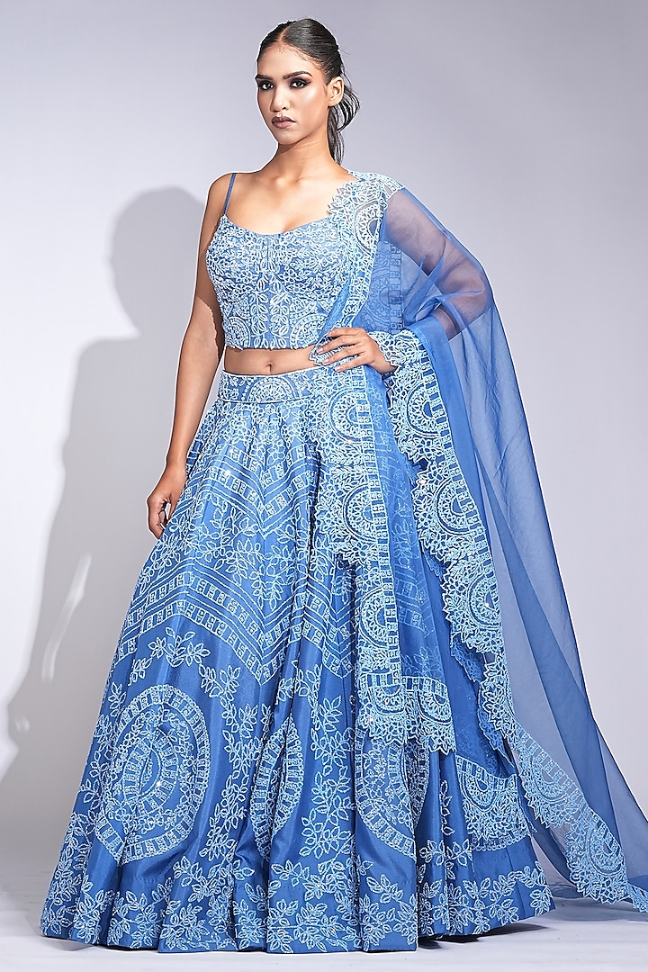 Cobalt Blue Silk Sequins Embroidered Wedding Lehenga Set by Shruti S at Pernia's Pop Up Shop