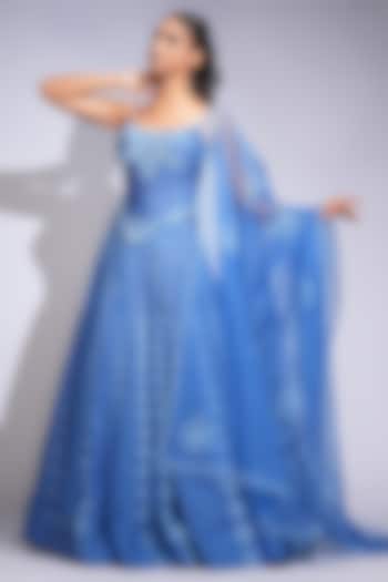 Cobalt Blue Silk Sequins Embroidered Wedding Lehenga Set by Shruti S at Pernia's Pop Up Shop