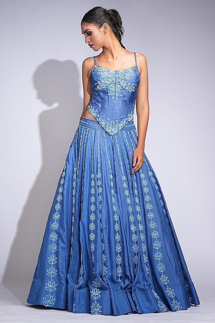 Cobalt Blue Silk Sequins Embroidered Wedding Lehenga Set by Shruti S at Pernia's Pop Up Shop