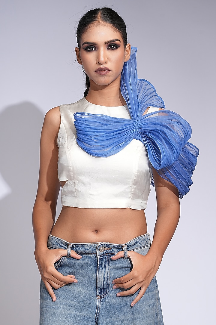 Off-White Silk Crop Top by Shruti S at Pernia's Pop Up Shop
