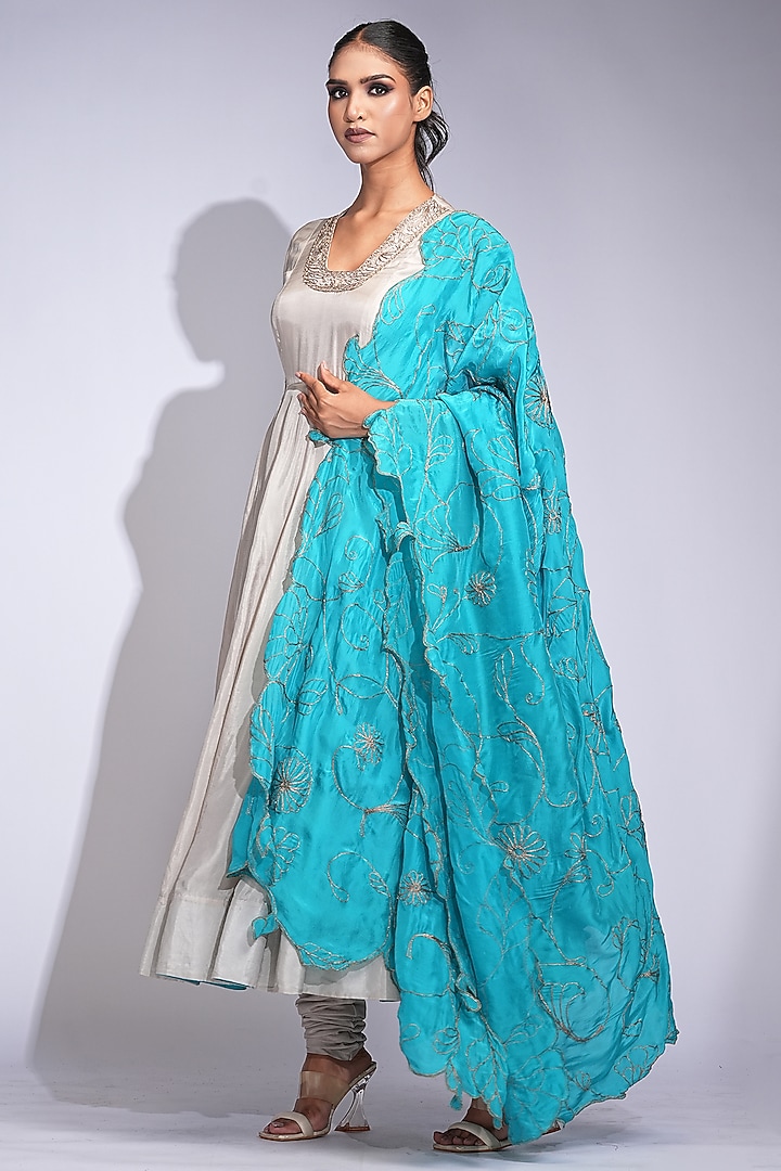 Taupe Vegan Silk Zari Work Wedding Anarkali Set by Shruti S at Pernia's Pop Up Shop