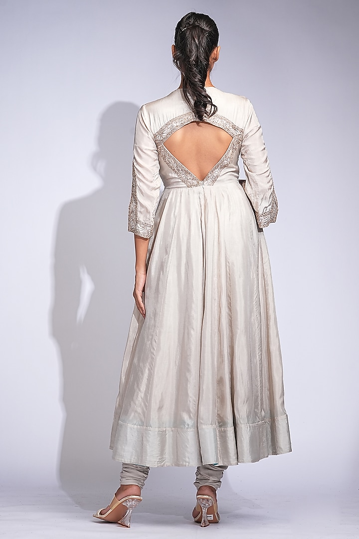Taupe Vegan Silk Zari Work Wedding Anarkali Set by Shruti S at Pernia's Pop Up Shop