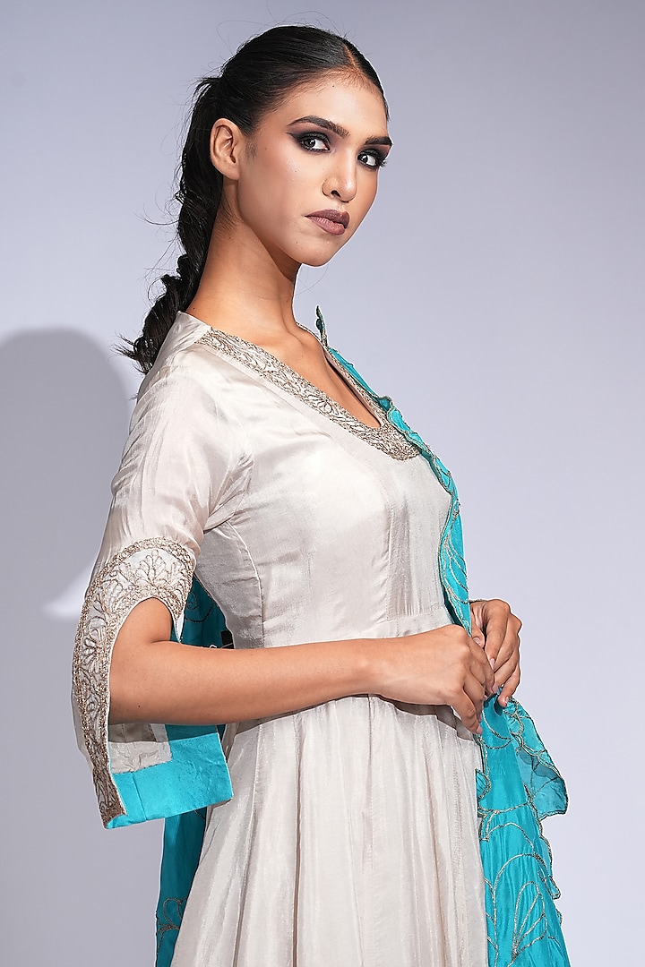 Taupe Vegan Silk Zari Work Wedding Anarkali Set by Shruti S at Pernia's Pop Up Shop