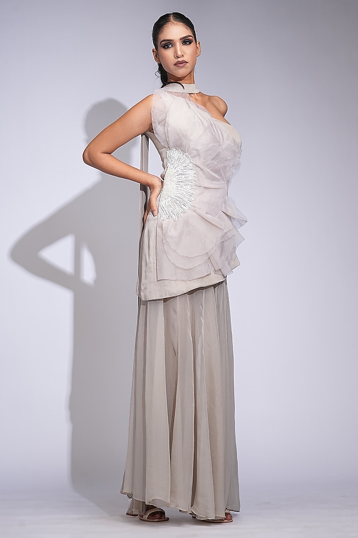 Nude-Beige Soft Organza Skirt Set by Shruti S at Pernia's Pop Up Shop