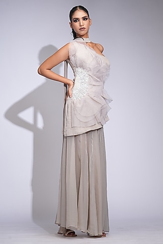 Nude-Beige Soft Organza Skirt Set by Shruti S