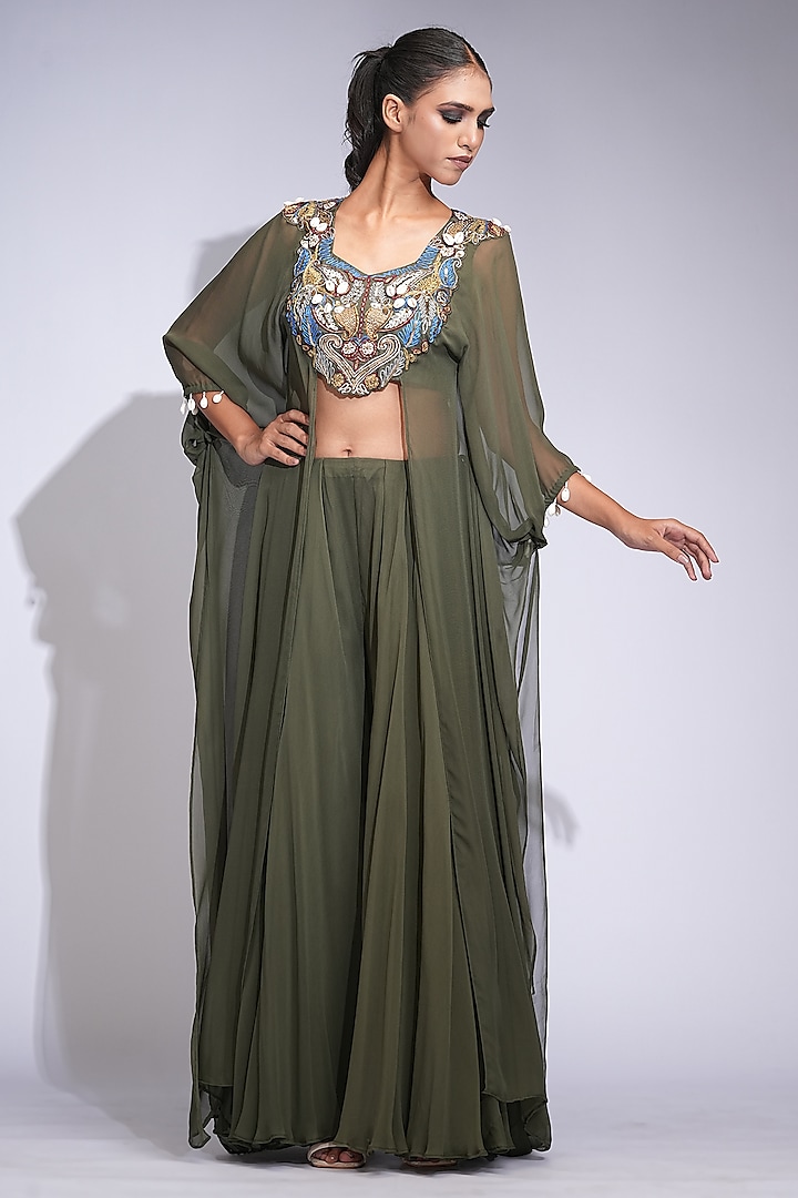 Olive Green Georgette Wedding Sharara Set by Shruti S at Pernia's Pop Up Shop