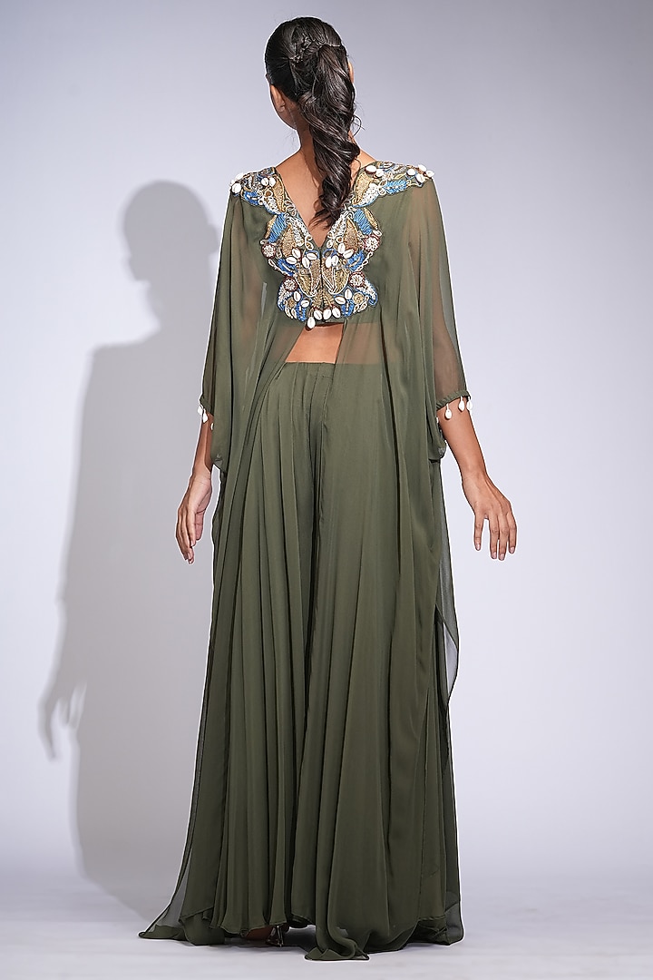 Olive Green Georgette Wedding Sharara Set by Shruti S at Pernia's Pop Up Shop
