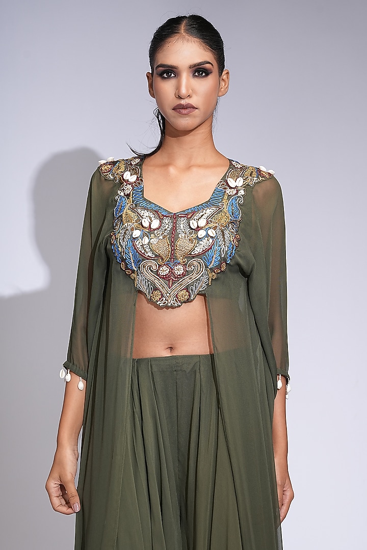 Olive Green Georgette Wedding Sharara Set by Shruti S at Pernia's Pop Up Shop