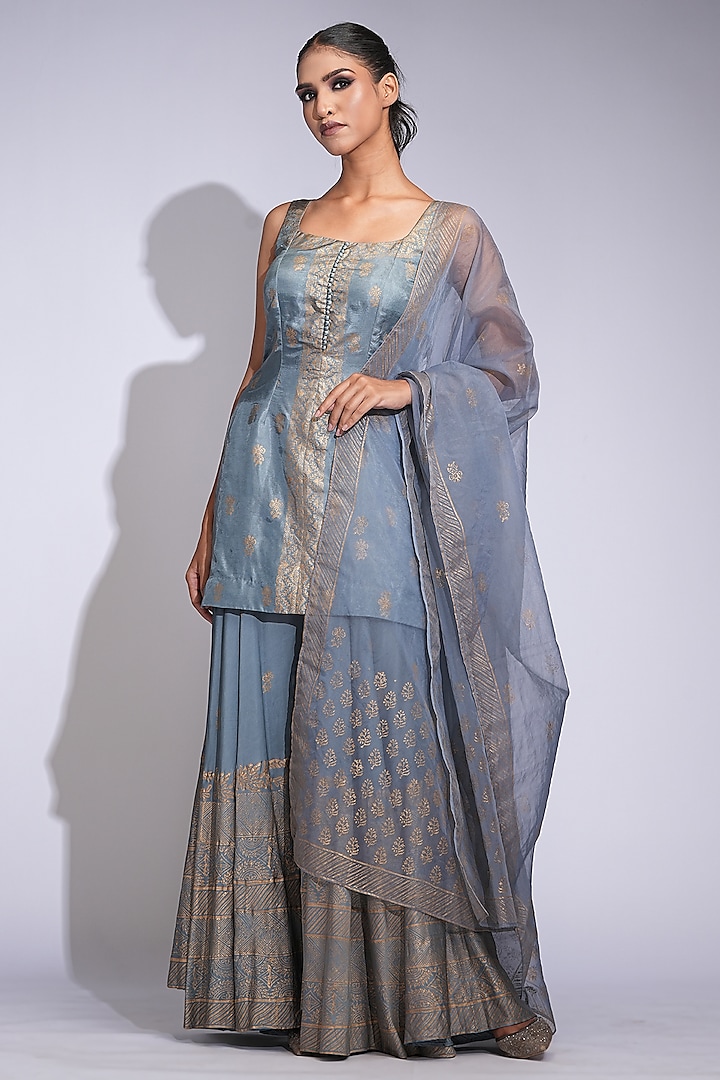 Grey Modal Satin Hand Block Printed Wedding Sharara Set by Shruti S at Pernia's Pop Up Shop