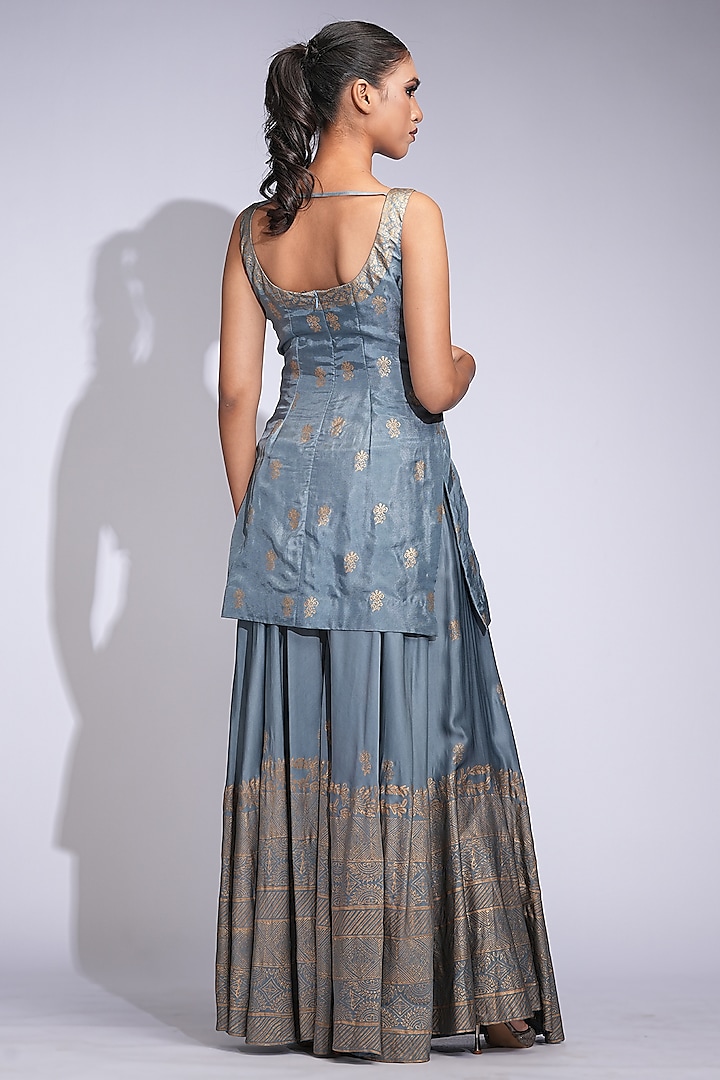 Grey Modal Satin Hand Block Printed Wedding Sharara Set by Shruti S at Pernia's Pop Up Shop